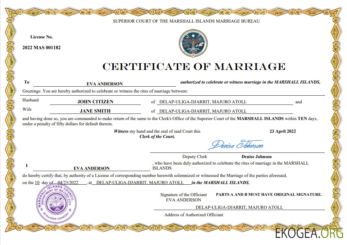 Modèle Word et PDF de certificat de mariage des Îles Marshall